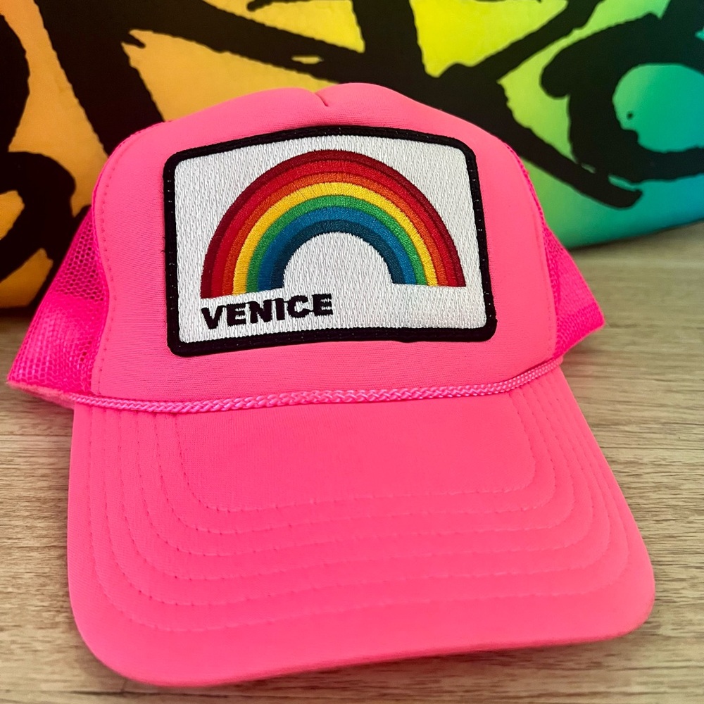 Aviator Nation Neon Pink Venice Trucker Hat with Rainbow Patch